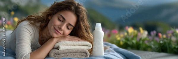 Fototapeta Young woman uses fabric softener to make her laundry soft, fluffy, and refreshingly fragrant with the scent of blooming flowers
