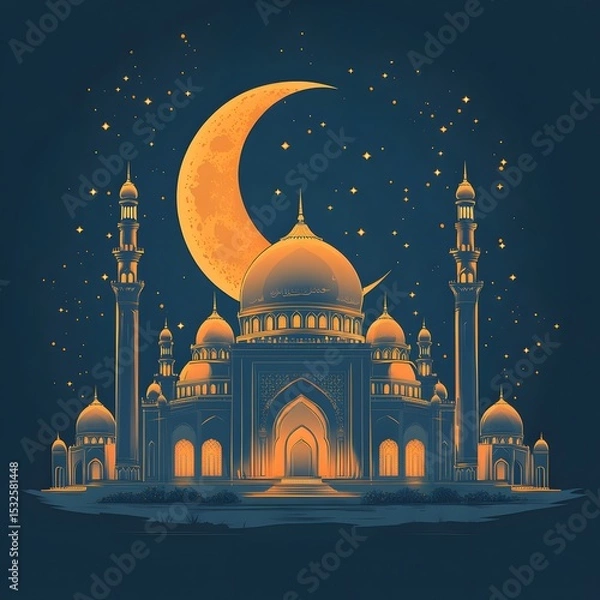 Fototapeta Vibrant Eid Mubarak Vector Illustration with Mosque and Moon on Transparent Background Celebratory Festive Artwork in Clean Modern Style