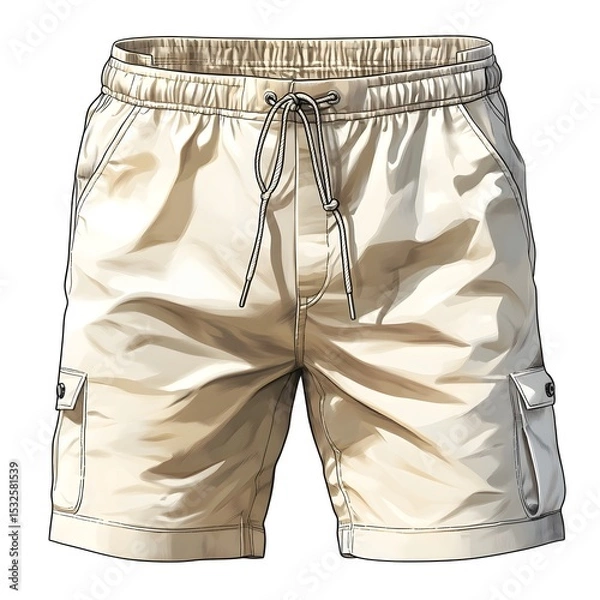 Fototapeta Detailed Flat Technical Sketch of Casual Shorts Design with Emphasis on Drawstring and Side Pocket Detailing in 2D Vector Format