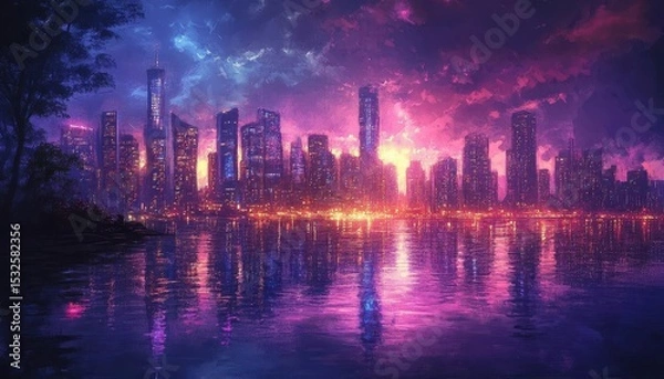 Fototapeta Coastal cityscape with digital overlays, soft lighting, high detail, surreal colors