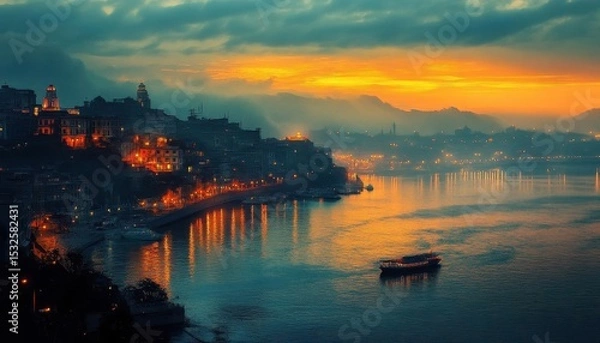Fototapeta Coastal cityscape with digital overlays, soft lighting, high detail, surreal colors