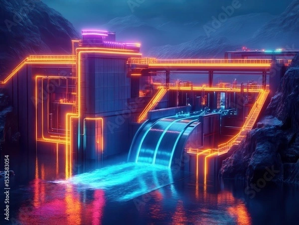 Fototapeta Digital hydroelectric plant with neon flow lines, dark background, surreal atmosphere