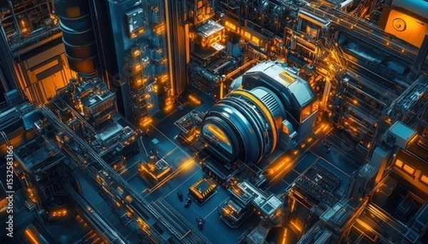 Fototapeta Drone view of automated factory floor, vibrant colors, intricate details, scifi style