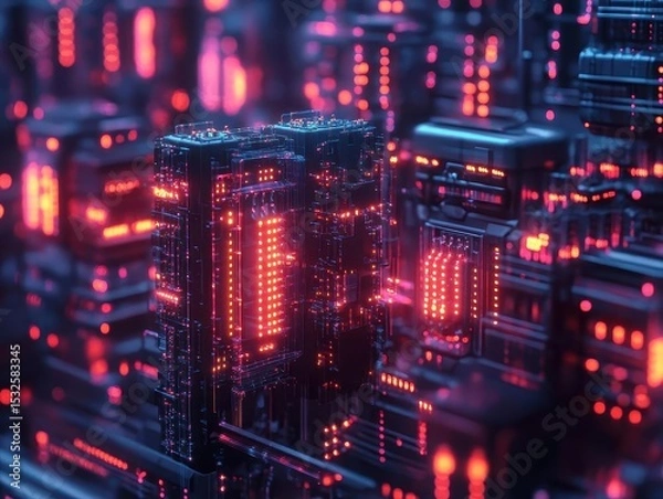 Fototapeta Electric power grid with glowing nodes, hightech visualization, dark background