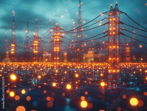 Fototapeta Electric power grid with glowing nodes, hightech visualization, dark background