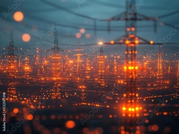 Fototapeta Electric power grid with glowing nodes, hightech visualization, dark background