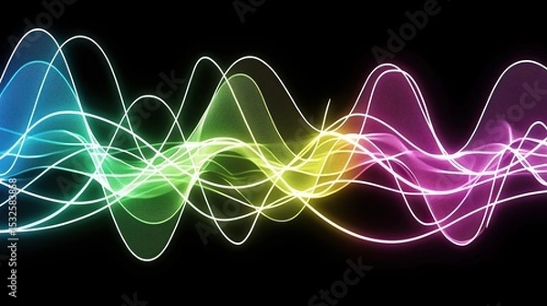 Fototapeta Colored audio waveform on black background, showcasing various colors and shapes as an AI technology example capturing sounds to digitally represent human emotion.