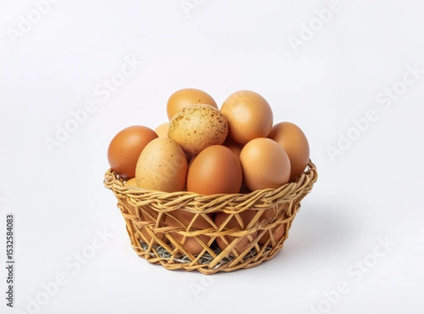 Fototapeta Wicker basket filled with farm eggs symbolize rural living and self sufficiency in a peaceful countryside setting.