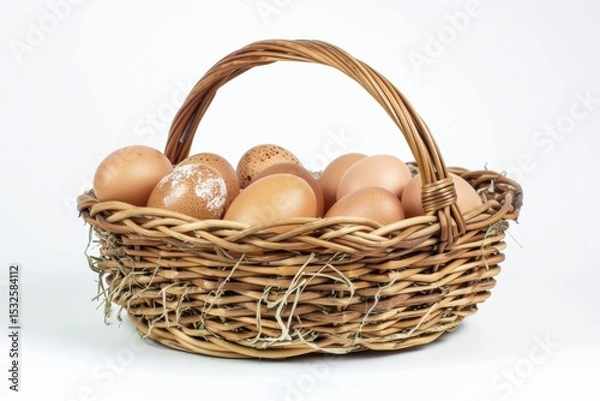 Fototapeta Wicker basket filled with farm eggs symbolize rural living and self sufficiency in a peaceful countryside setting.