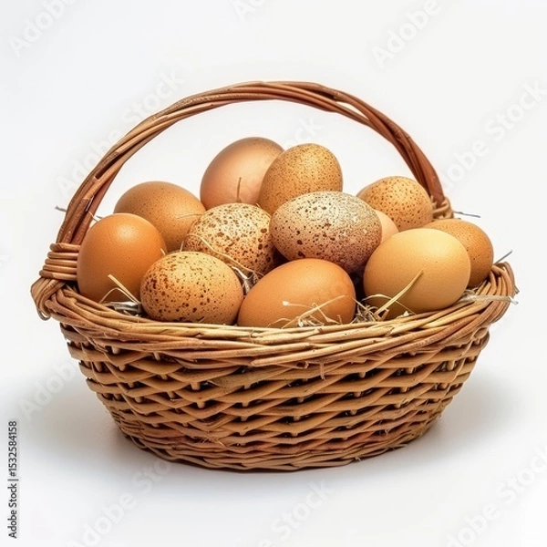 Fototapeta Wicker basket filled with farm eggs symbolize rural living and self sufficiency in a peaceful countryside setting.