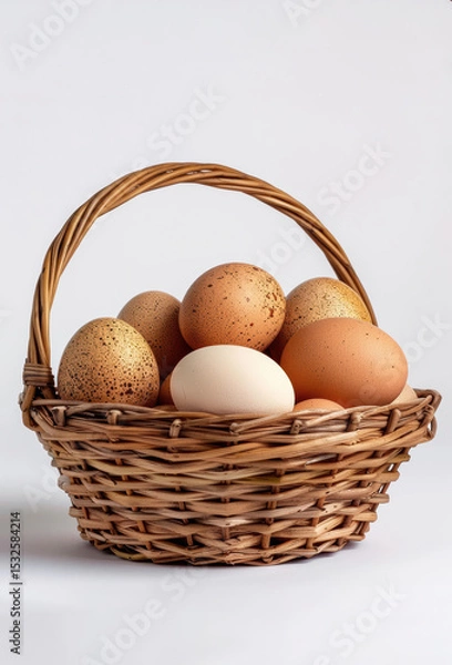 Fototapeta Wicker basket filled with farm eggs symbolize rural living and self sufficiency in a peaceful countryside setting.