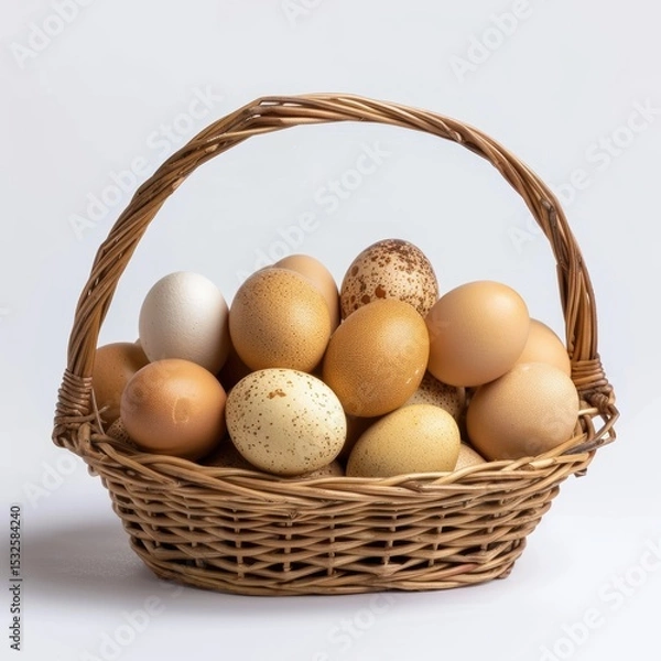 Fototapeta Wicker basket filled with farm eggs symbolize rural living and self sufficiency in a peaceful countryside setting.