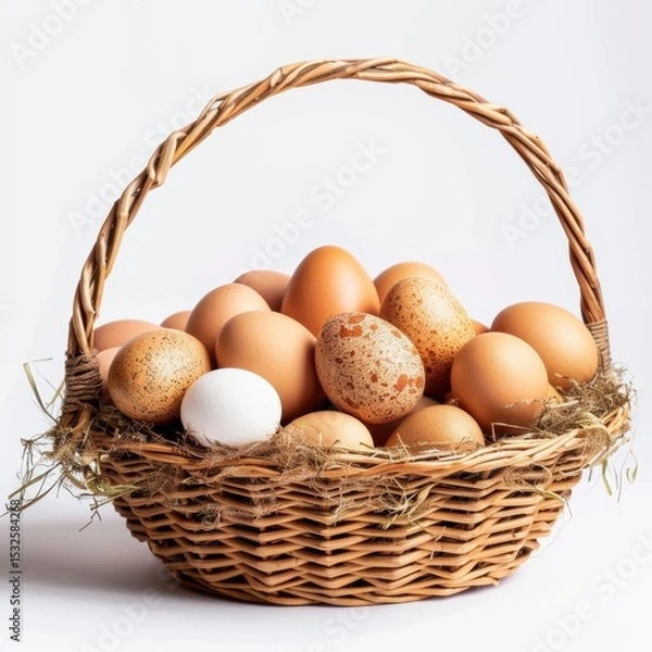 Fototapeta Wicker basket filled with farm eggs symbolize rural living and self sufficiency in a peaceful countryside setting.