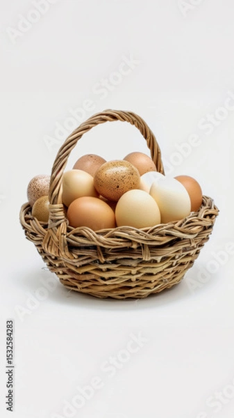 Fototapeta Wicker basket filled with farm eggs symbolize rural living and self sufficiency in a peaceful countryside setting.