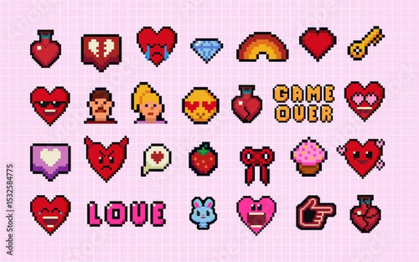 Obraz Y2k pixel art icon set with hearts, smile face and speech bubbles. Mood of 90's. 8 bit editable pixel vector illustration. Game abstract Happy Valentines Day elements.