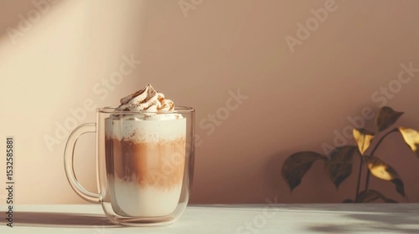 Obraz Foamy coffee latte with whipped cream and spices in glass mug isolated on light background