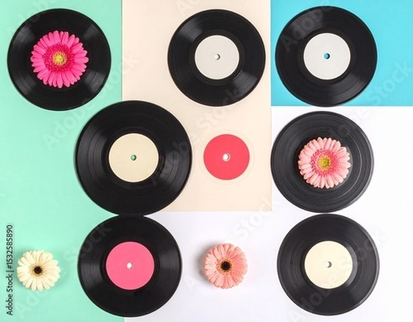 Obraz Retro background with vinyl records and flowers