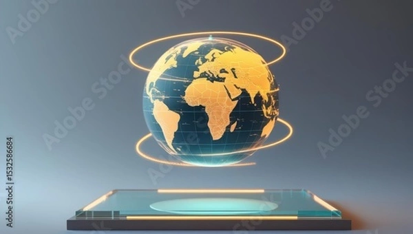 Obraz Futuristic digital globe display with glowing continents and orbit lines on sleek transparent platform representing global connectivity and technology innovation