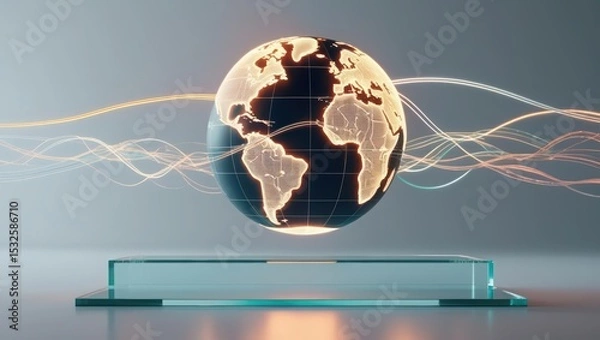 Obraz Vibrant illuminated globe with digital wave lines representing global connectivity and international communication technology on modern display