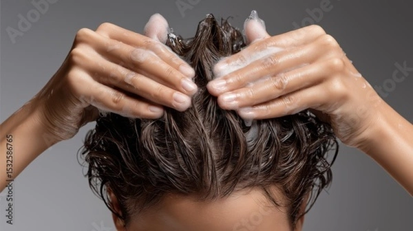 Fototapeta Hair washing process with hands creating foam in a well-lit setting