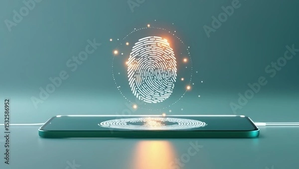 Obraz Close-up of a modern smartphone with a glowing fingerprint scanner icon above it on a sleek surface, representing biometric authentication technology and digital security