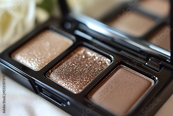 Fototapeta Close-up view of a shimmering metallic eyeshadow palette featuring various shades of copper, bronze, and glitter.