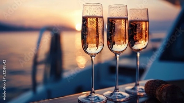 Obraz Celebrating sunset with sparkling drinks on a luxury yacht during a summer evening on the water