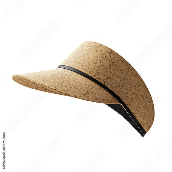 Fototapeta A beige cork visor hat with a black band, isolated on transparent background