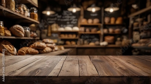 Obraz Empty wooden table top in blurred bakery background. Blank nature textured desk for product display in abstract blurred food shop backdrop