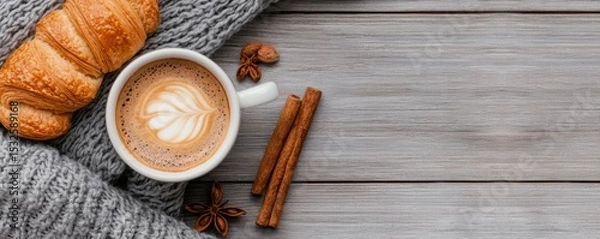 Obraz coffee and bakery espresso presentation. Cozy coffee and croissant on a textured background, perfect for a warm morning.