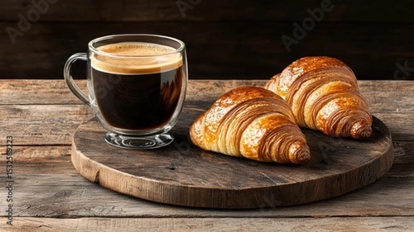 Obraz coffee and bakery espresso presentation. Warm coffee and croissants on a rustic wooden table.