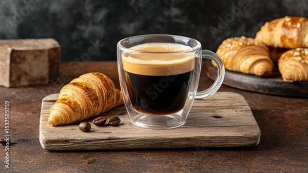 Obraz coffee and bakery espresso presentation. Rich espresso served with croissants on a rustic wooden surface.