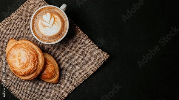 Obraz coffee and bakery espresso presentation. Coffee with latte art accompanied by croissants on a textured surface.