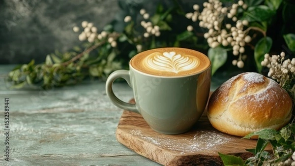 Obraz coffee and bakery espresso presentation. A cozy coffee cup with latte art beside a fresh pastry on a wooden board.