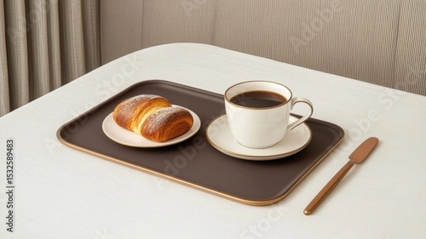 Obraz coffee and bakery espresso presentation. Breakfast tray with coffee and croissants on a table setting.