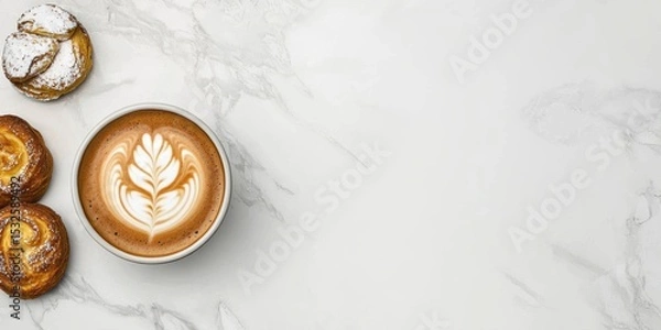 Obraz coffee and bakery espresso presentation. Coffee cup with latte art and cookies on a marble surface.