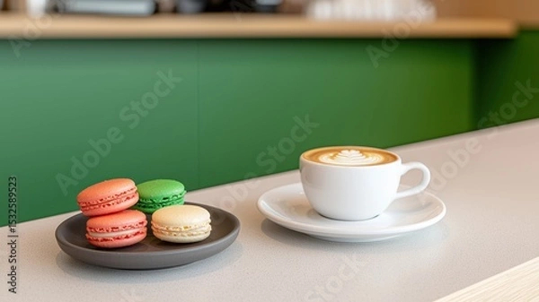 Obraz coffee and bakery espresso presentation. Colorful macarons beside a cappuccino on a sleek table in a modern café setting.