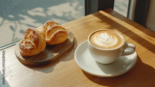 Obraz coffee and bakery espresso presentation. Warm coffee and pastries on a wooden table by the window.