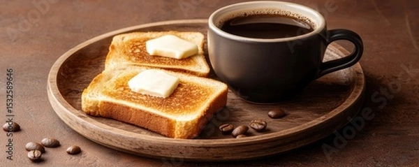 Obraz coffee and bakery espresso presentation. Breakfast platter with toast, butter, and a cup of coffee on a wooden tray.