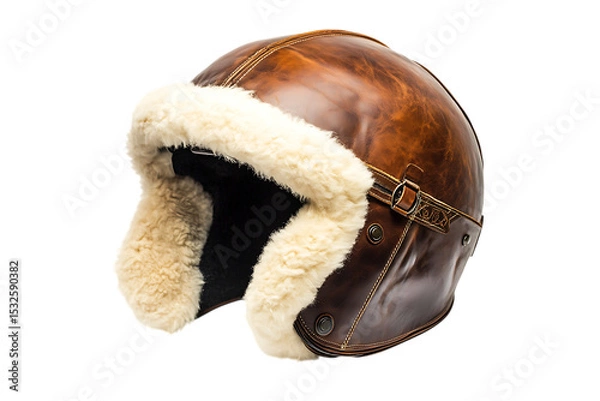 Fototapeta Brown leather aviator helmet with fluffy white fur trim, isolated on transparent background