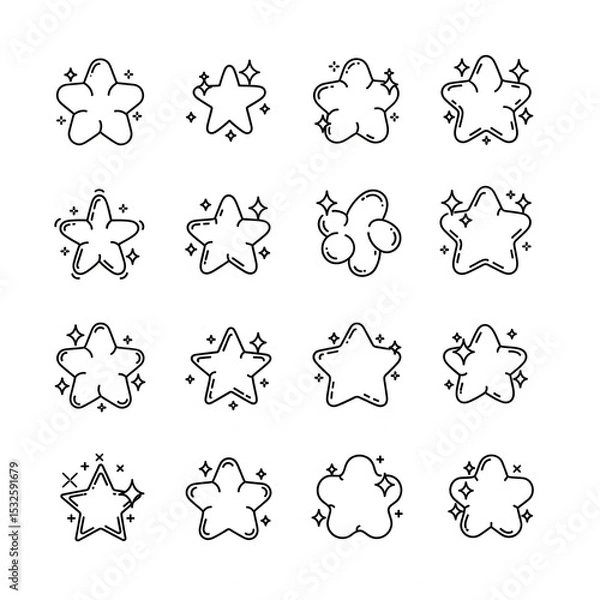 Obraz Set of Y2K Star Icons in Black and White Line Art. Retrofuturistic Graphic Elements.