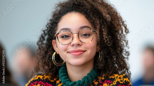 Obraz Diverse young woman smiling confidently colorful sweater, showcasing her unique style