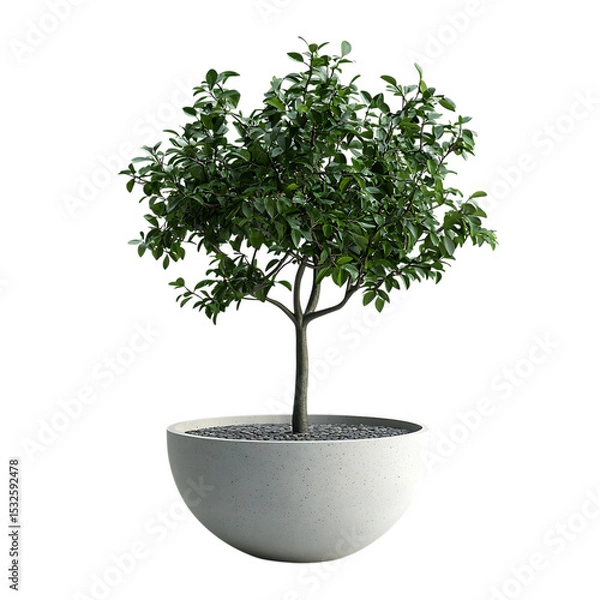 Fototapeta Small green tree in a round concrete pot, isolated on transparent background