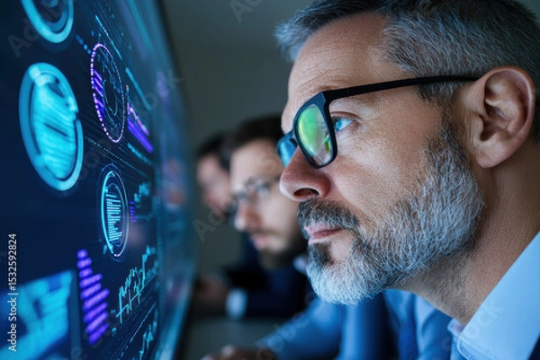 Obraz Executives analyzing data on large screen, focused and engaged in discussion