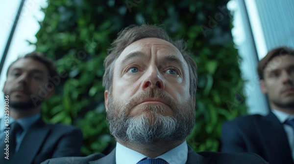 Obraz Focused executive in modern office setting, surrounded by colleagues, deep in thought