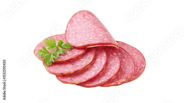 Fototapeta Salami slices with parsley garnish on transparent background