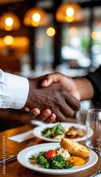 Fototapeta Business professionals sharing a handshake over a dining table with plates of food in a modern restaurant setting