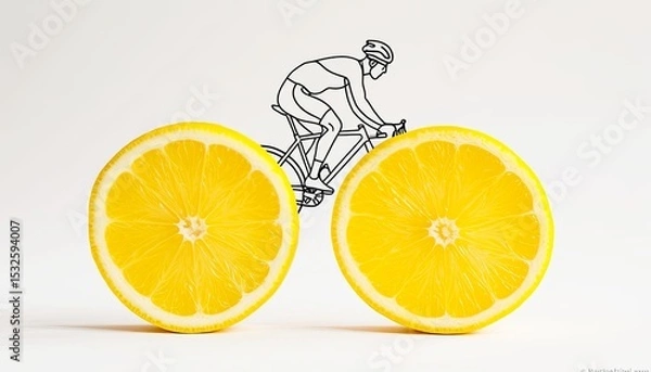 Fototapeta Creative illustration featuring a cyclist riding a bicycle made of lemon halves in a bright setting