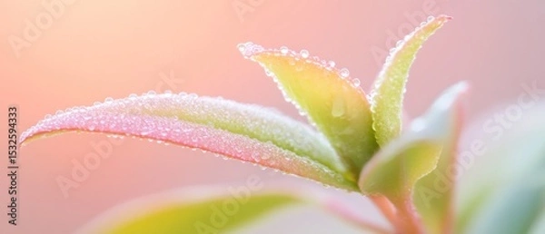 Fototapeta Dewy spring foliage gleaming, soft pastel colors emerging against soft light