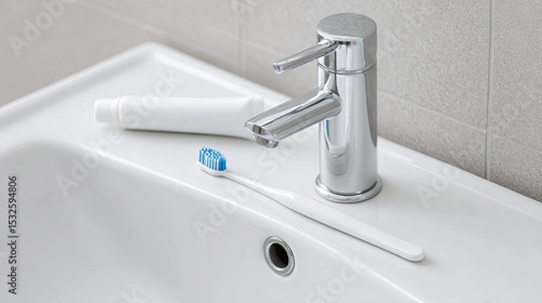 Obraz Toothbrush and toothpaste tube on white sink with silver faucet